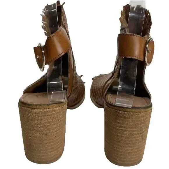 Rebels Woven Brown Block Heel Peep Toe Elastic Slingback Sandals Size 8 - Picture 3 of 7
